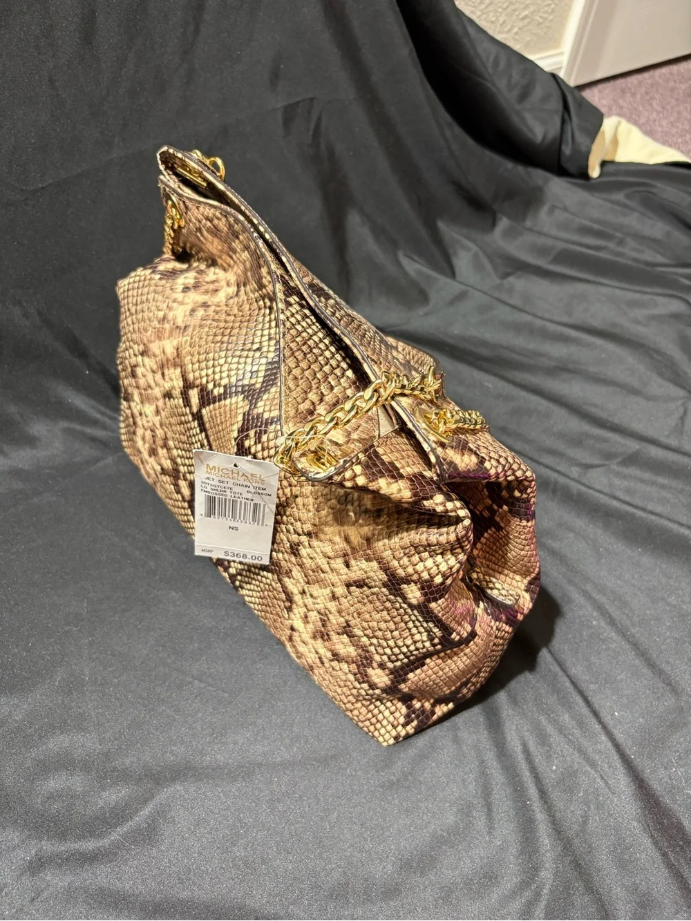 Michael Kors Tan and Brown Snake-Print Shoulder Bag with Gold Chain